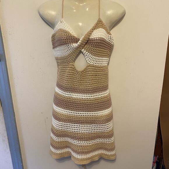 Women L Babydoll Swim Mini Dress Open Knit Crochet Unlined Sexy Beach Romantic - Picture 1 of 9
